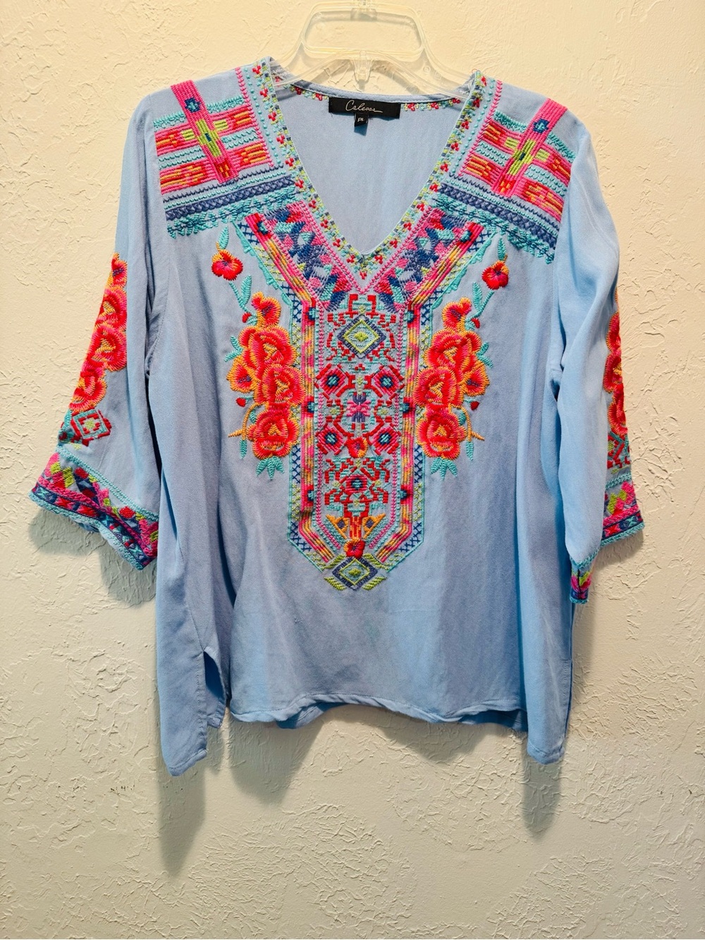 Calessa Light Blue Embroidered V-Neck Tunic